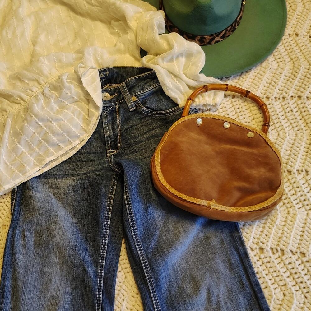 Vintage Boho Brown Suede Bamboo Handle Handbag Rustic Cottagecore Western Purse